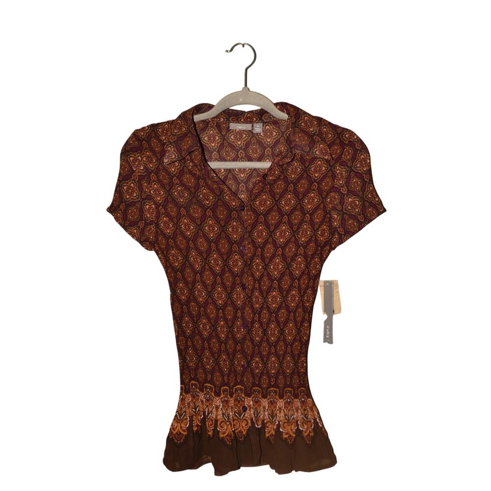 APT. 9 NEW $34 Purple Brown‎ Damask Accordion Pleat Collared Blouse Medium